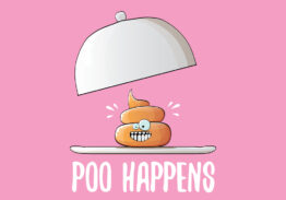 vector funny cartoon cool cute brown smiling poo icon sitting on food silver tray isolated on pink background. emoji funky character. poo happens concept illustration