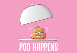 vector funny cartoon cool cute brown smiling poo icon sitting on food silver tray isolated on pink background. emoji funky character. poo happens concept illustration
