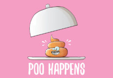 vector funny cartoon cool cute brown smiling poo icon sitting on food silver tray isolated on pink background. emoji funky character. poo happens concept illustration